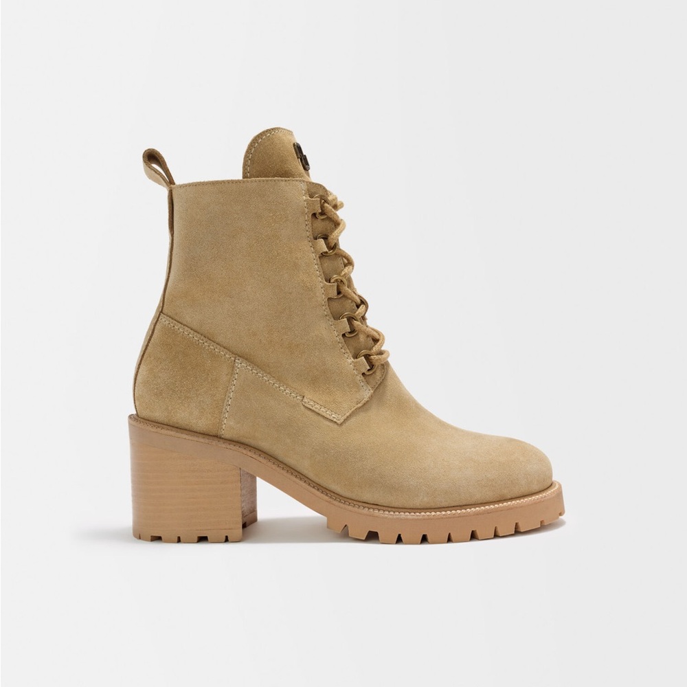 Maje Tan Lace Up Boots with Suede Finish and Chunky Heel